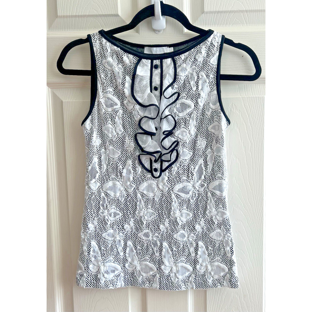 ANNE FONTAINE White Lace Mesh Butterfly Ruffle Front Sleeveless Blouse Top Sz 38